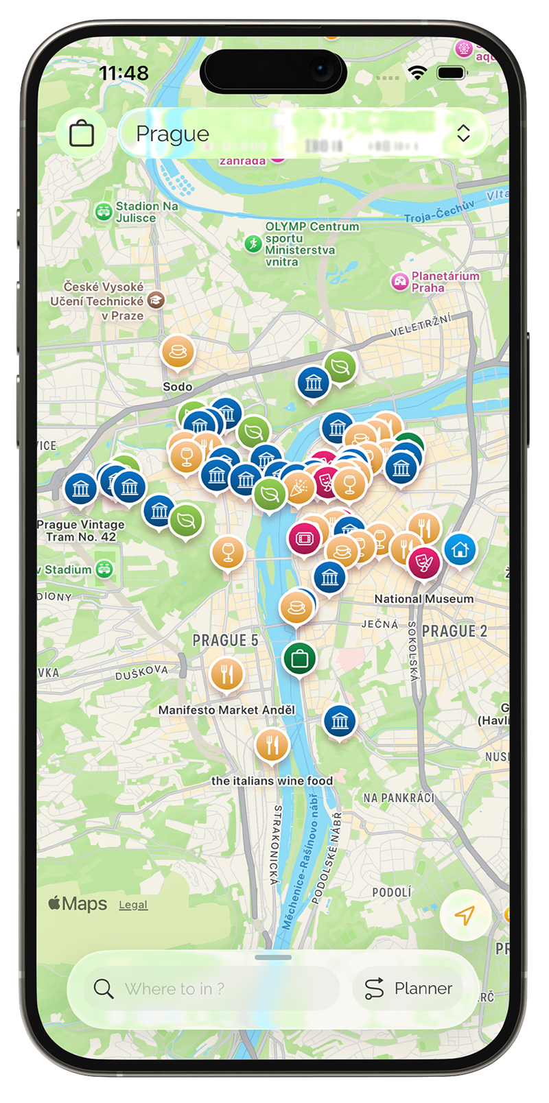 The Placemapr app showing a map of Prague covered in curated place pins